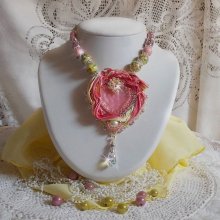 Tender Heart necklace embroidered with a pink and yellow silk ribbon, ceramic beads, Swarovski crystals and seed beads